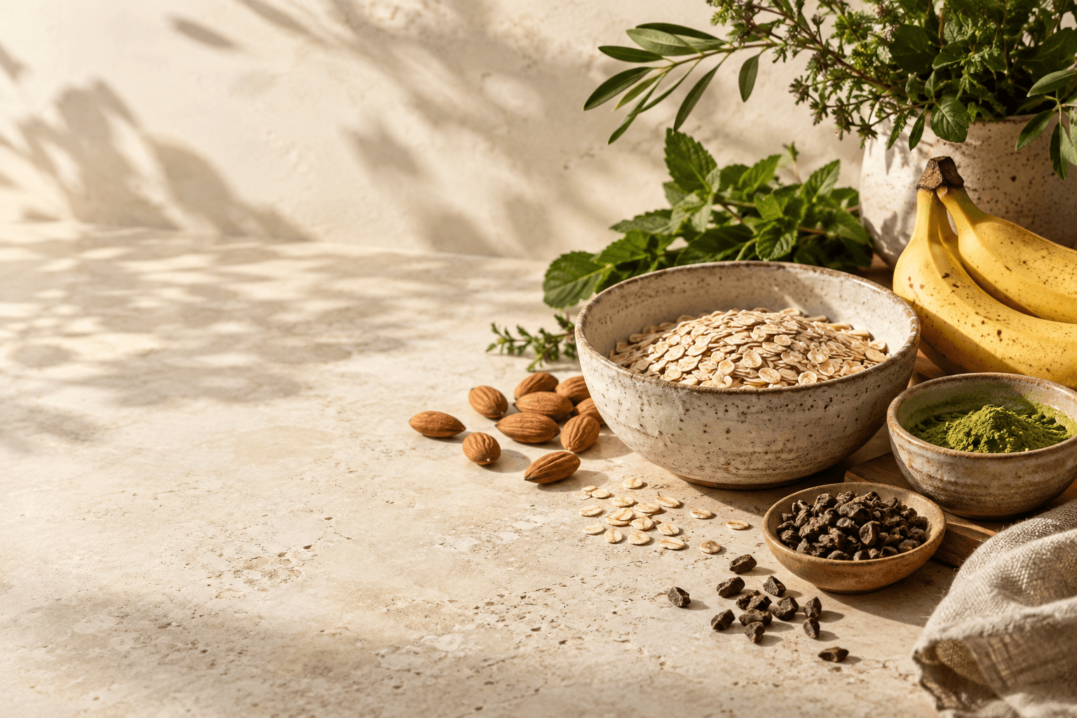 Avena, almendras, plátano y matcha sobre una mesa iluminada por el sol